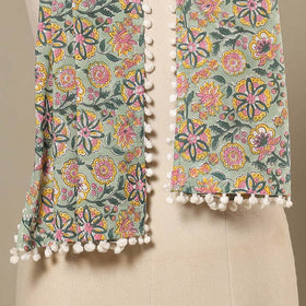 Green Block Print Cotton Sanganeri Stole with Pom Pom