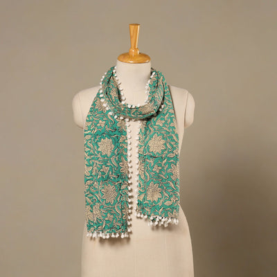 Green Block Print Cotton Sanganeri Stole with Pom Pom