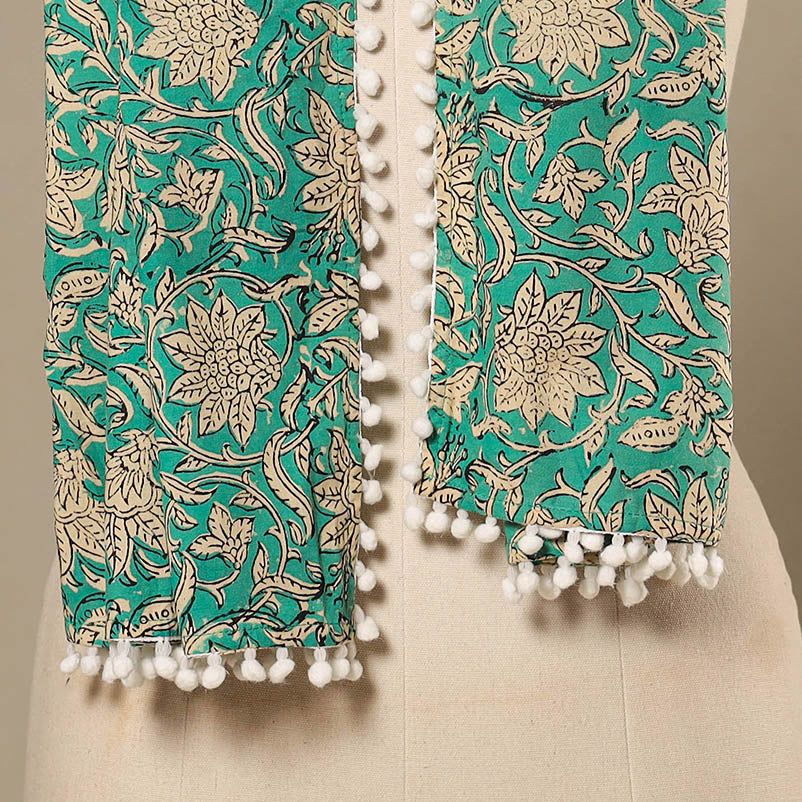 Green Block Print Cotton Sanganeri Stole with Pom Pom