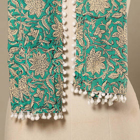 Green Block Print Cotton Sanganeri Stole with Pom Pom