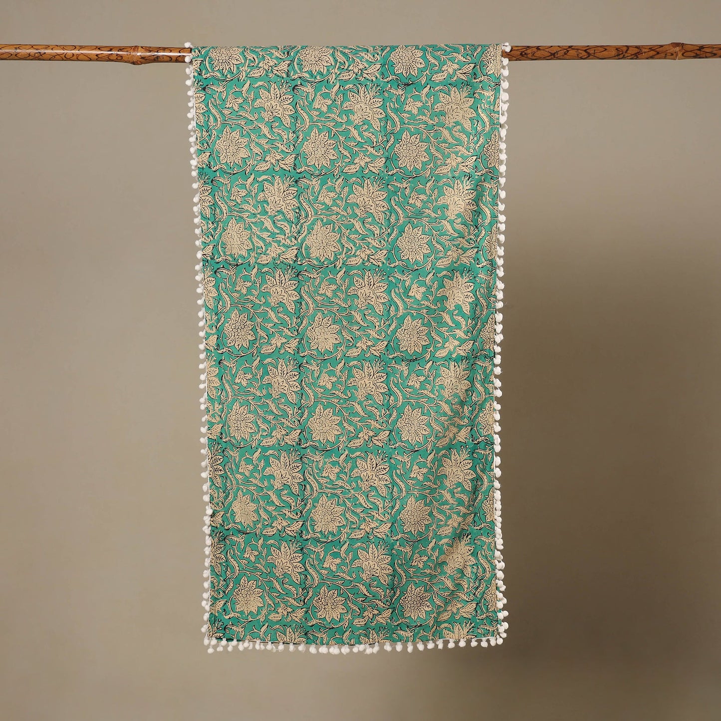 Green Block Print Cotton Sanganeri Stole with Pom Pom