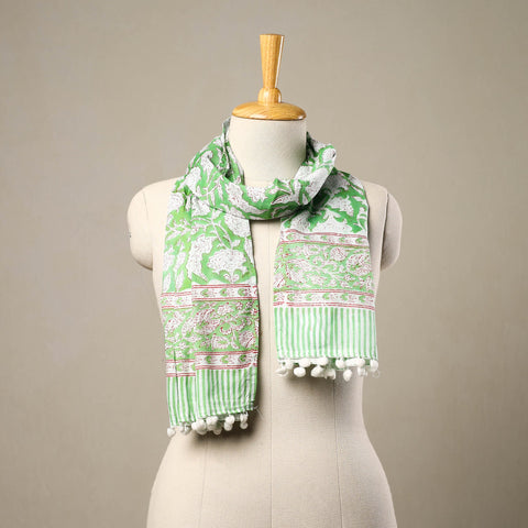 Green - cotton sanganeri stole with pom 50 - handcrafted