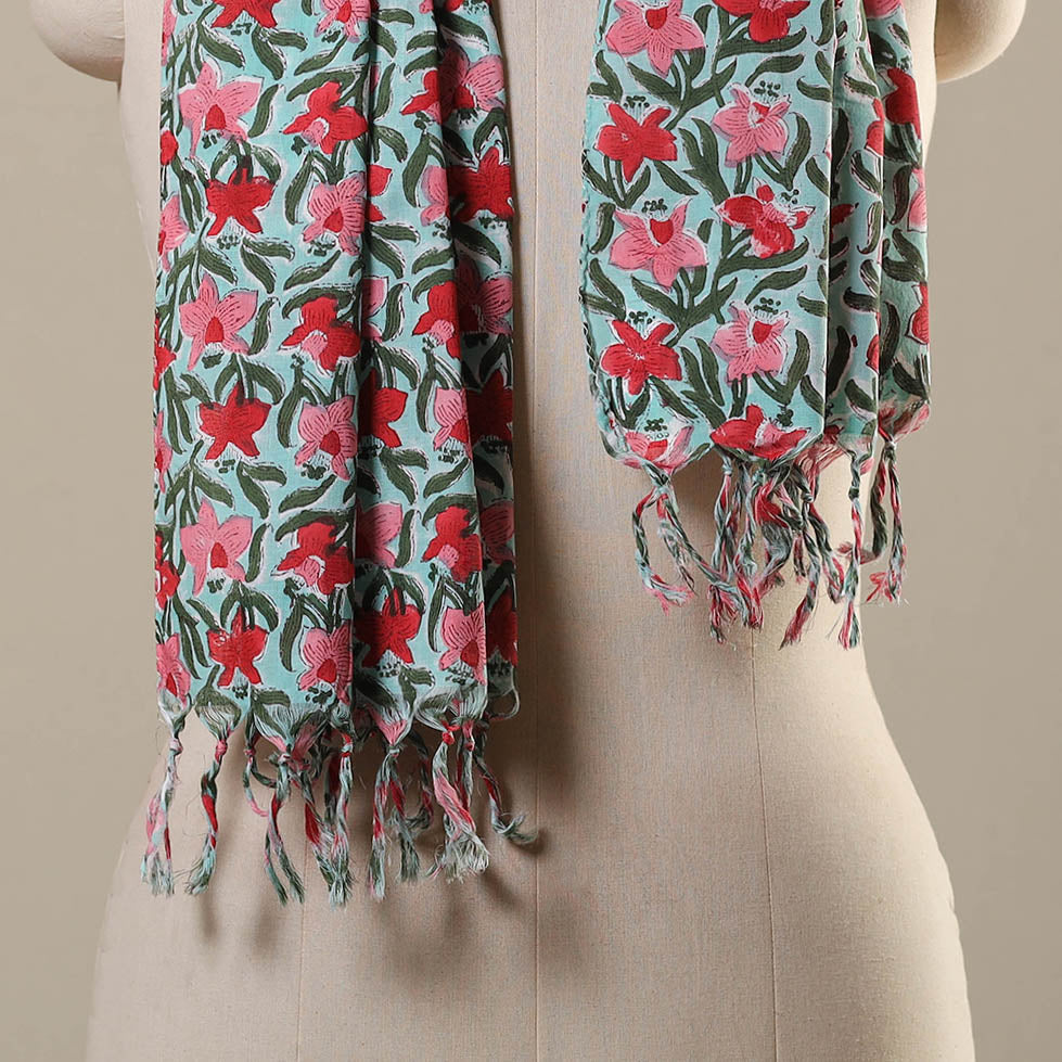 Block Print Cotton Sanganeri Stole with Tassels
