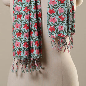 Block Print Cotton Sanganeri Stole with Tassels