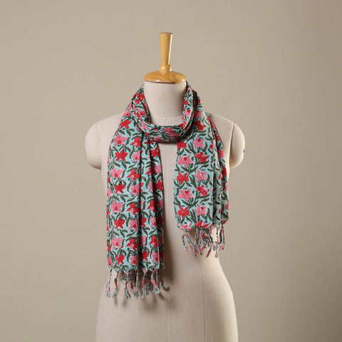 Block Print Cotton Sanganeri Stole with Tassels
