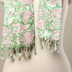 Buy Block Print Cotton Green Sanganeri Stole with Tassels