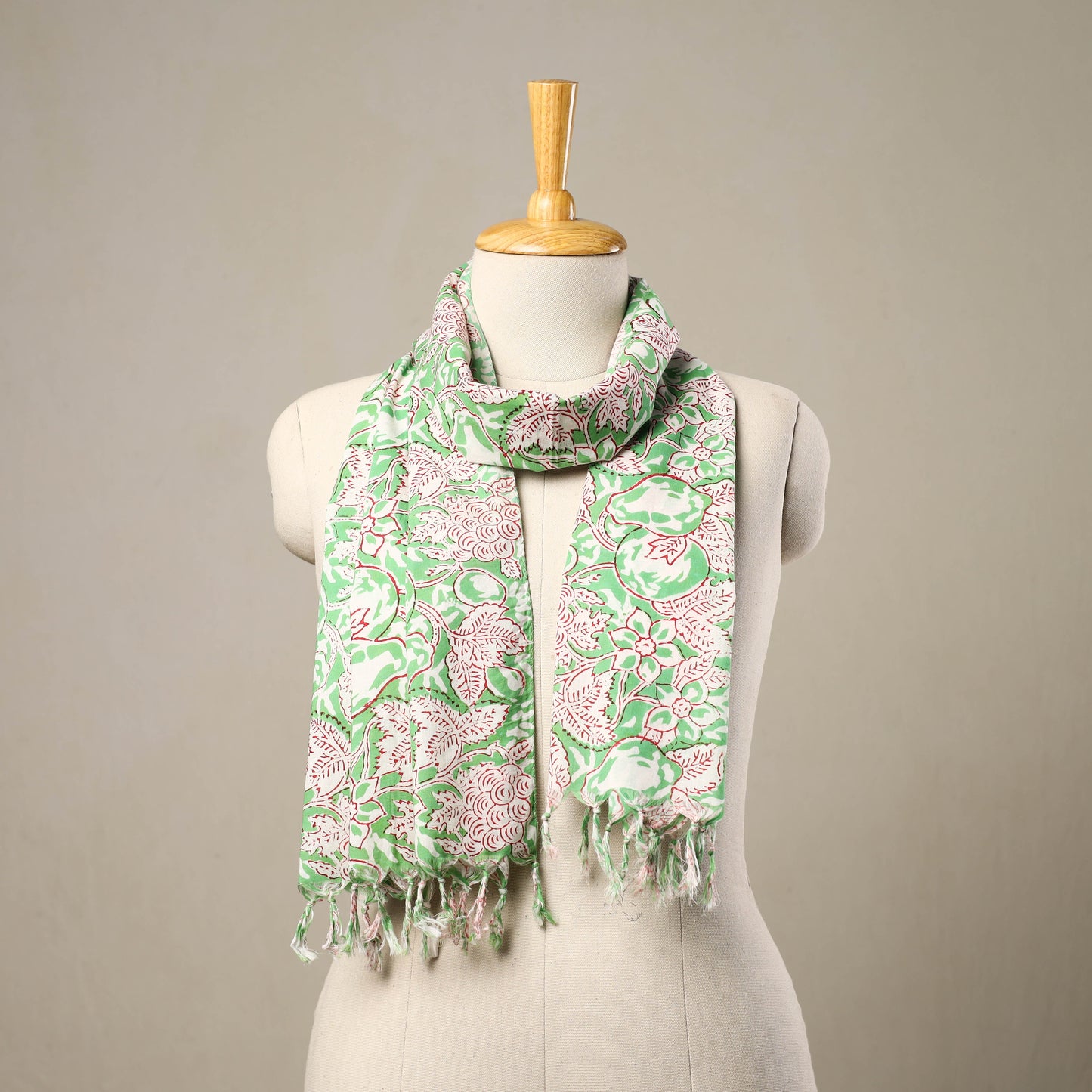 Buy Block Print Cotton Green Sanganeri Stole with Tassels
