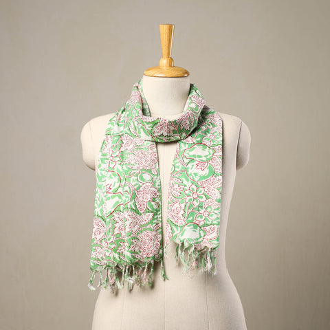 Buy Block Print Cotton Green Sanganeri Stole with Tassels
