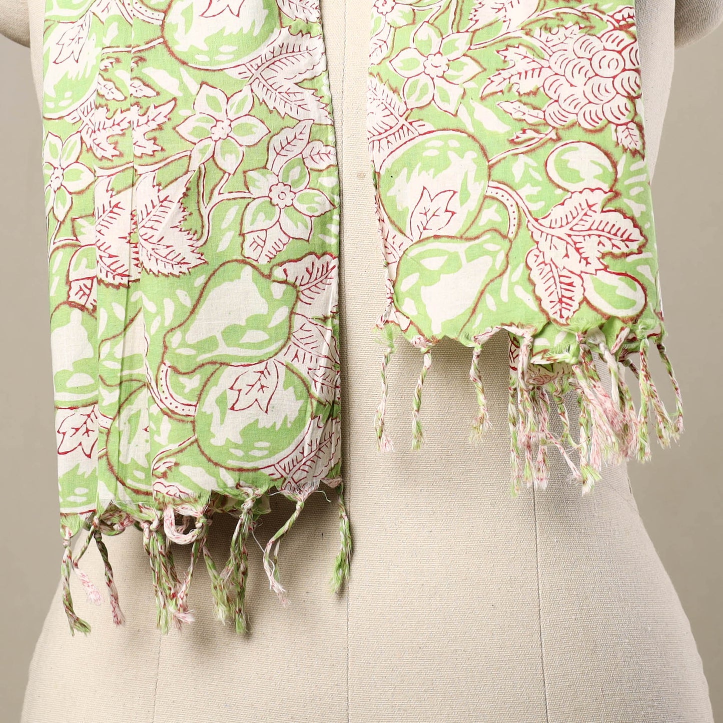 Buy Block Print Cotton Green Sanganeri Stole with Tassels