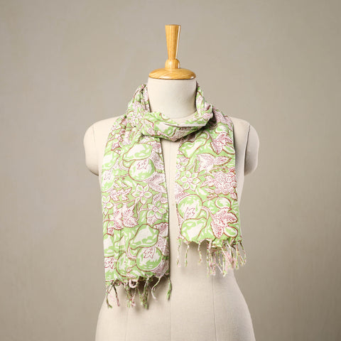 Buy Block Print Cotton Green Sanganeri Stole with Tassels