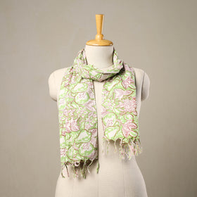 Buy Block Print Cotton Green Sanganeri Stole with Tassels