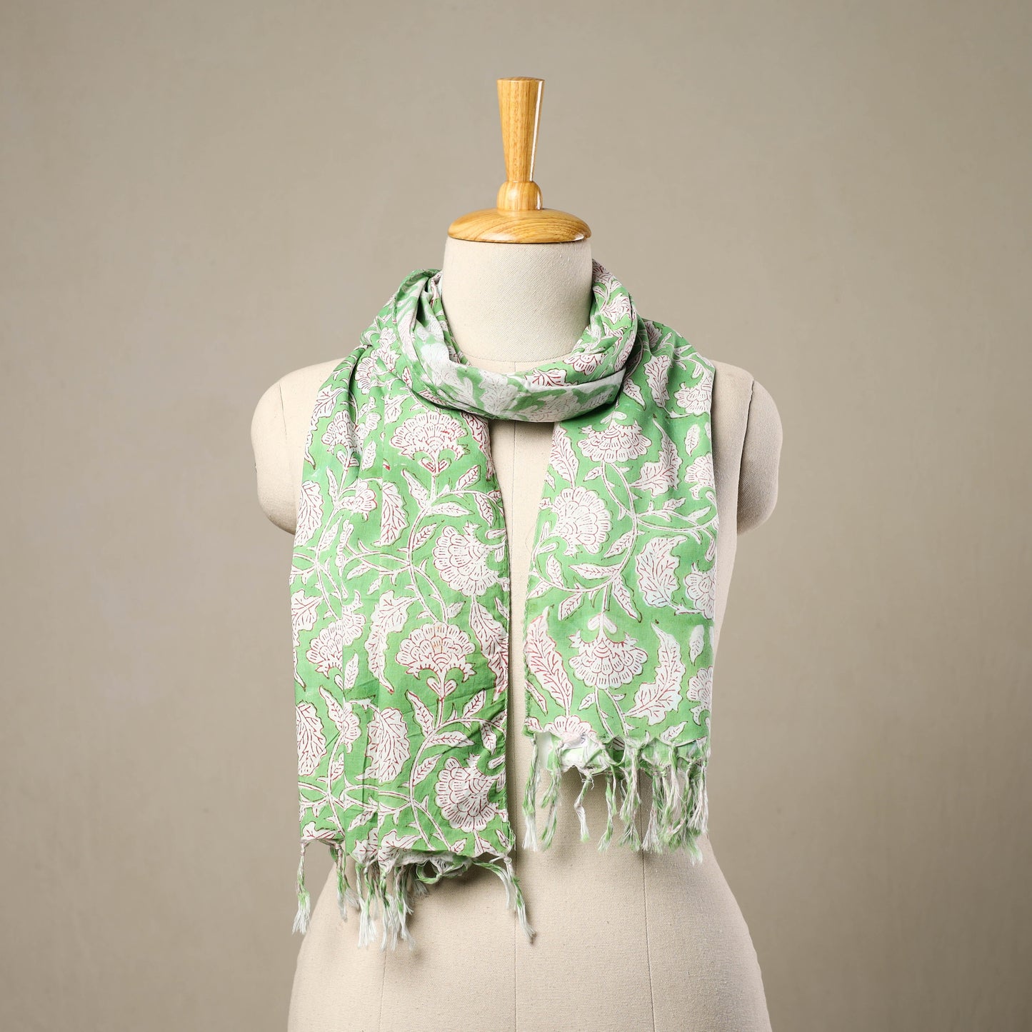 Green - cotton sanganeri stole with tassels 125