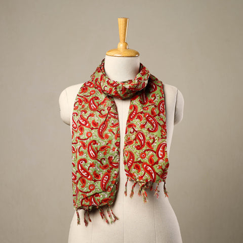Buy Green Block Print Cotton Sanganeri Stole with Tassels