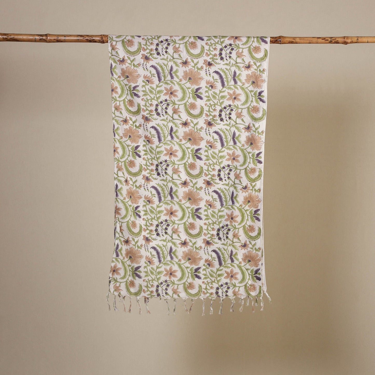 Green Block Print Cotton Sanganeri Stole with Tassels