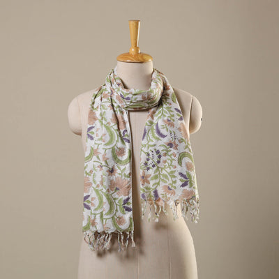 Green Block Print Cotton Sanganeri Stole with Tassels