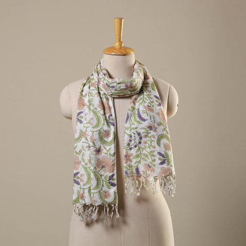 Green Block Print Cotton Sanganeri Stole with Tassels