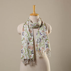 Green Block Print Cotton Sanganeri Stole with Tassels