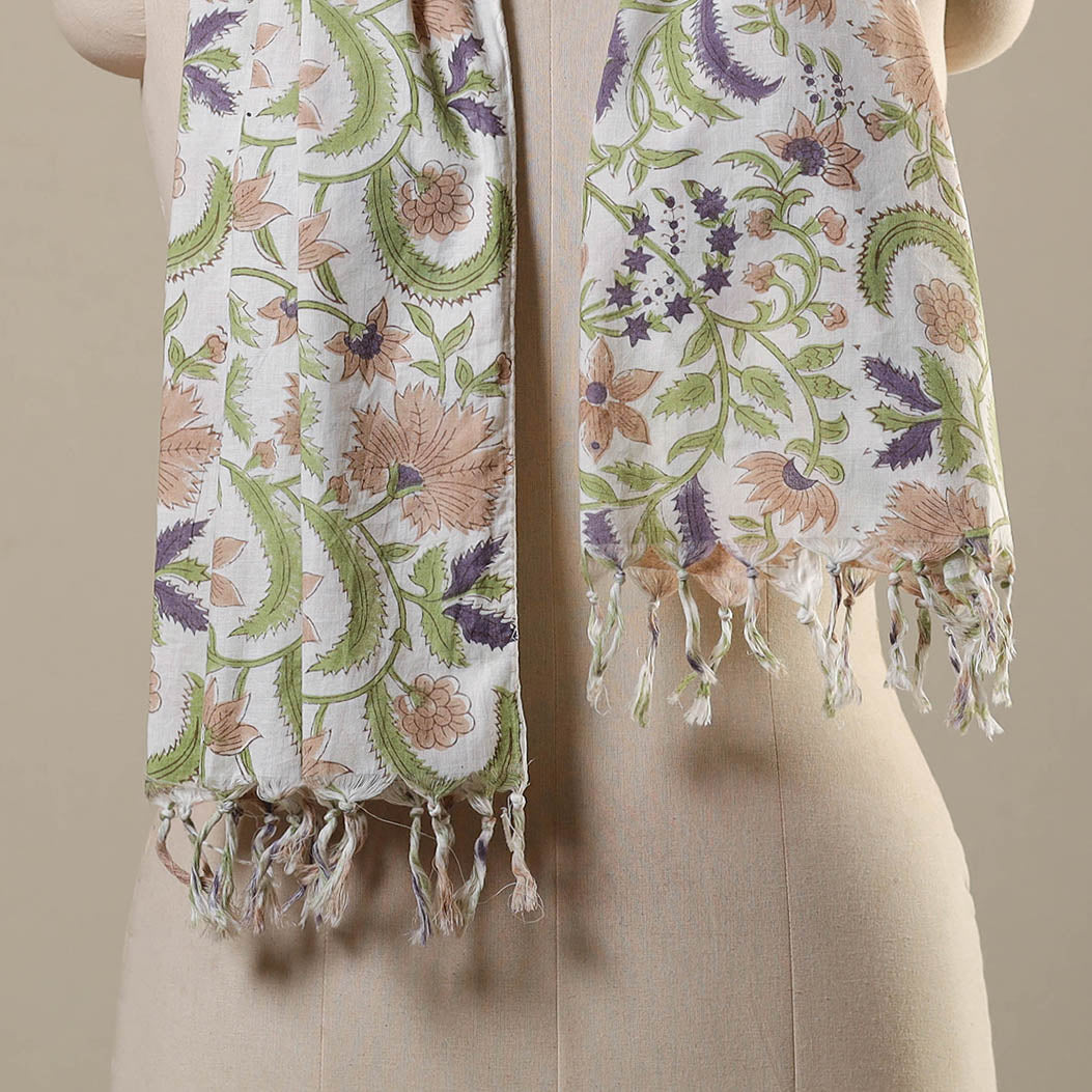 Green Block Print Cotton Sanganeri Stole with Tassels