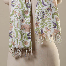 Green Block Print Cotton Sanganeri Stole with Tassels