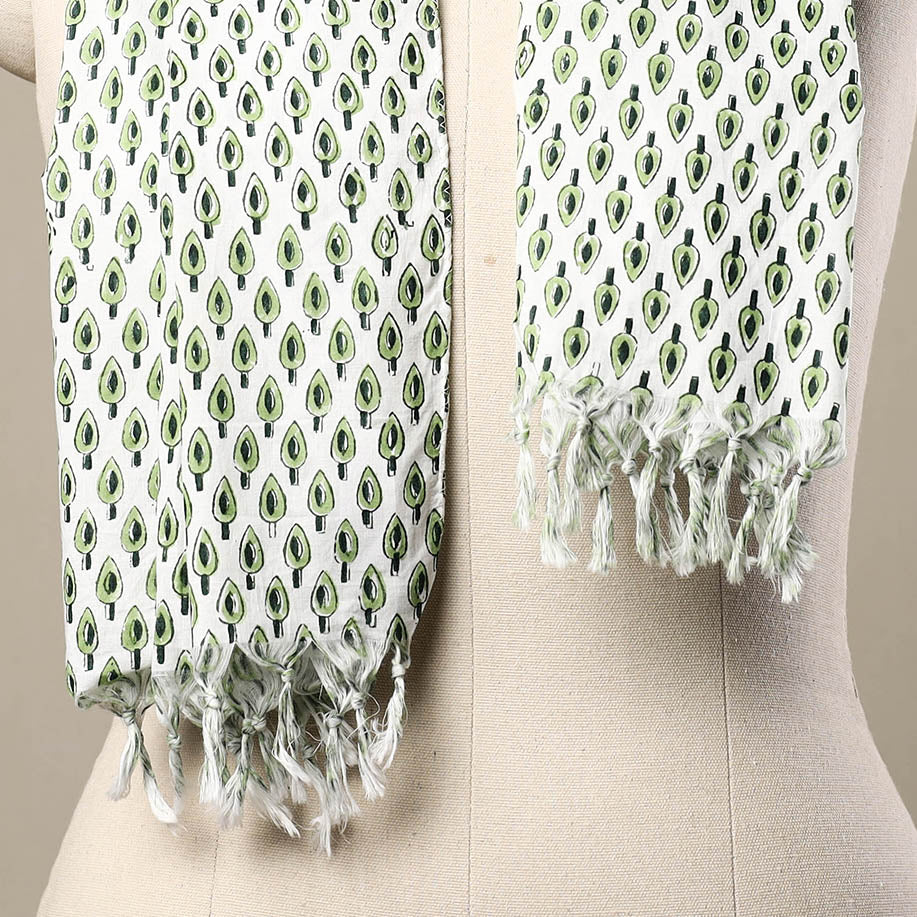 Buy Block Print Cotton Green Sanganeri Stole with Tassels