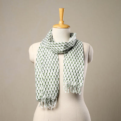 Buy Block Print Cotton Green Sanganeri Stole with Tassels