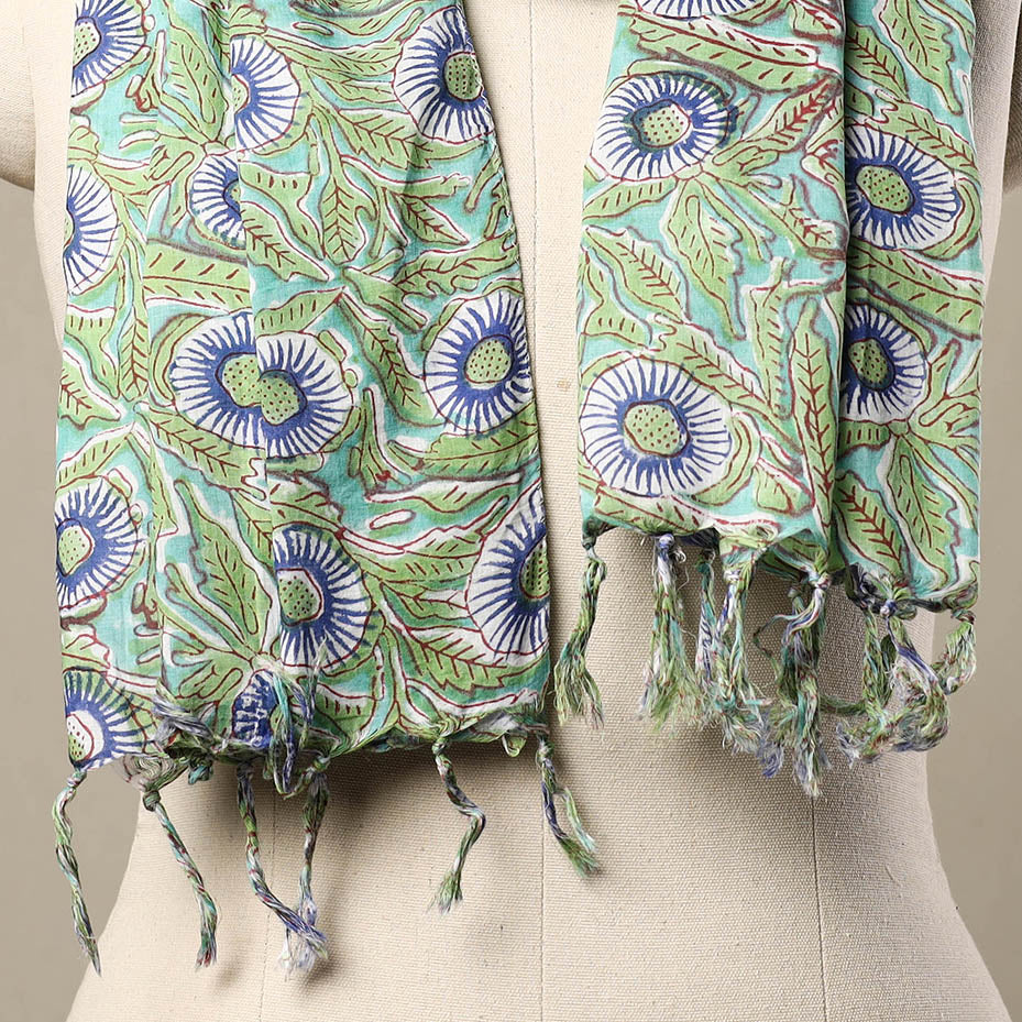  Block Print Cotton Green Sanganeri Stole with Tassels