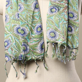  Block Print Cotton Green Sanganeri Stole with Tassels
