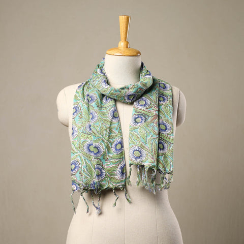  Block Print Cotton Green Sanganeri Stole with Tassels