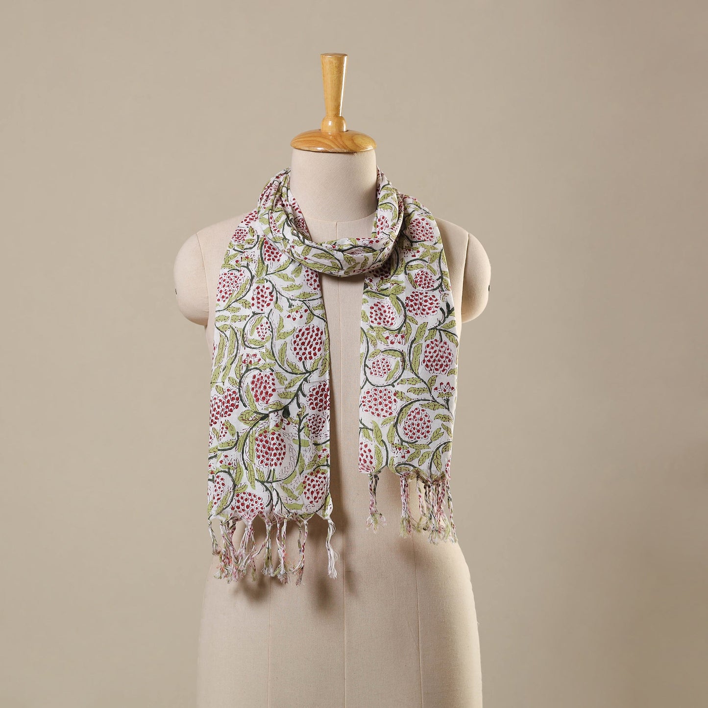 Green Block Print Cotton Sanganeri Stole with Tassels