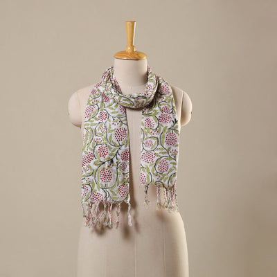 Green Block Print Cotton Sanganeri Stole with Tassels