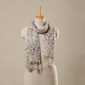 Green Block Print Cotton Sanganeri Stole with Tassels