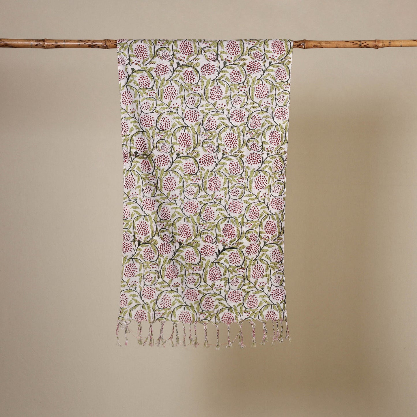 Green Block Print Cotton Sanganeri Stole with Tassels