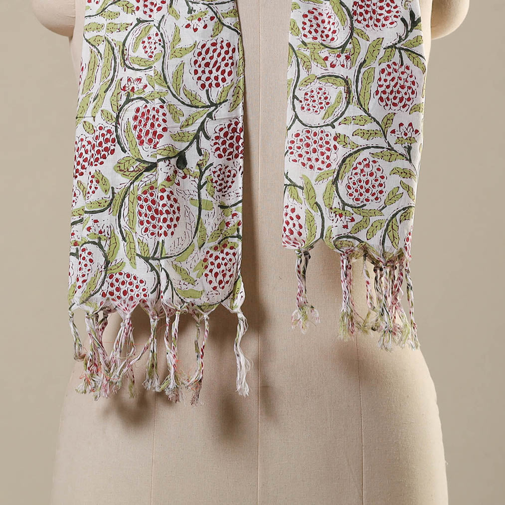 Green Block Print Cotton Sanganeri Stole with Tassels