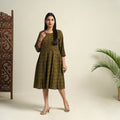 Buy Green Block Print Cotton Short Flared Bagh Dress