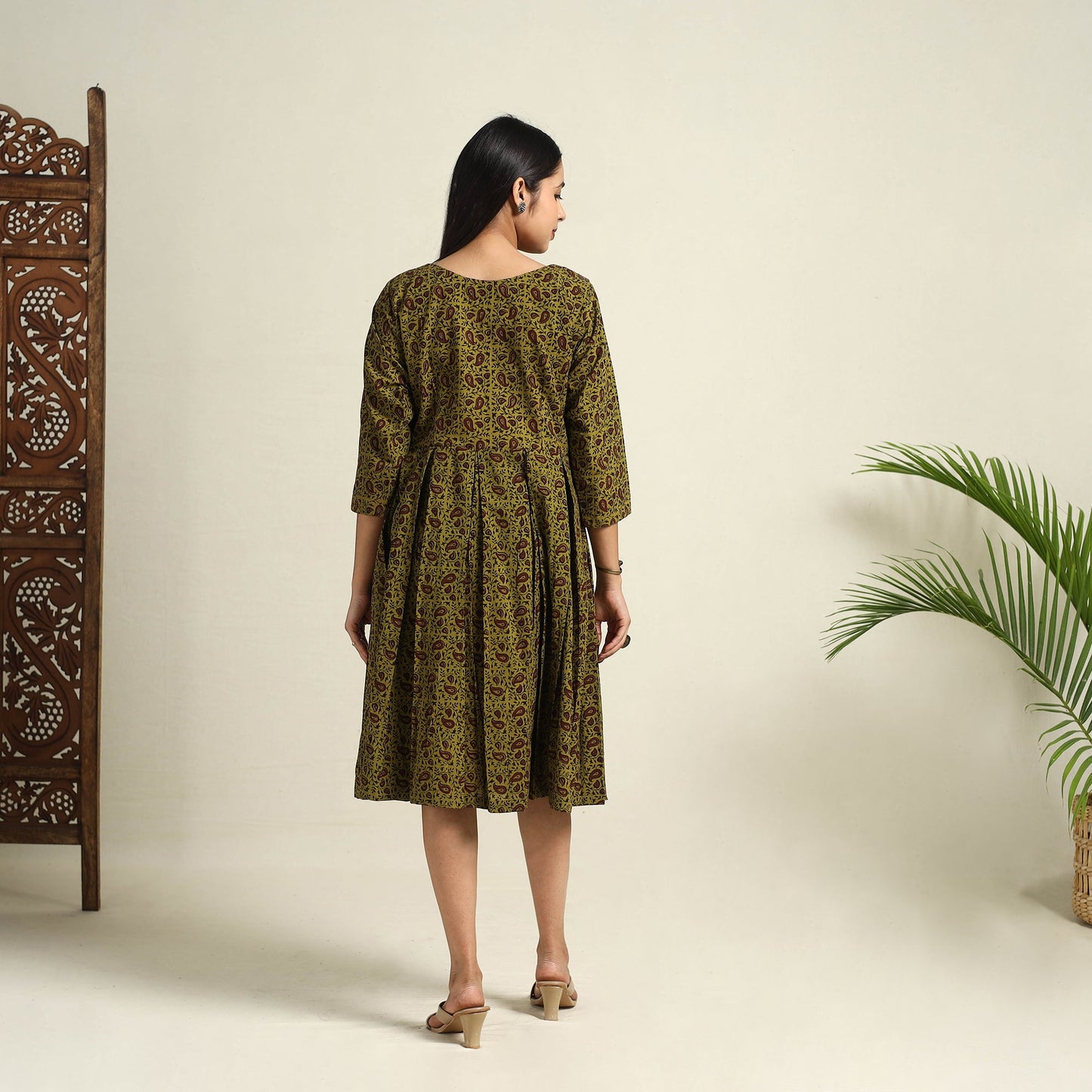 Buy Green Block Print Cotton Short Flared Bagh Dress