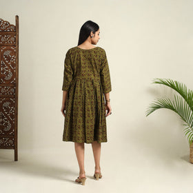 Buy Green Block Print Cotton Short Flared Bagh Dress