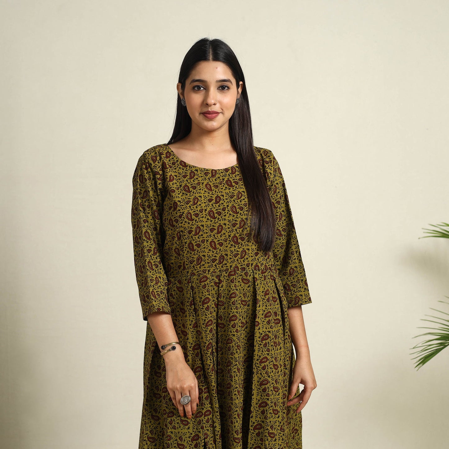Buy Green Block Print Cotton Short Flared Bagh Dress