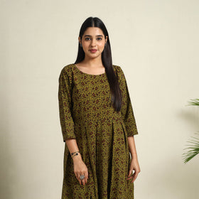 Buy Green Block Print Cotton Short Flared Bagh Dress