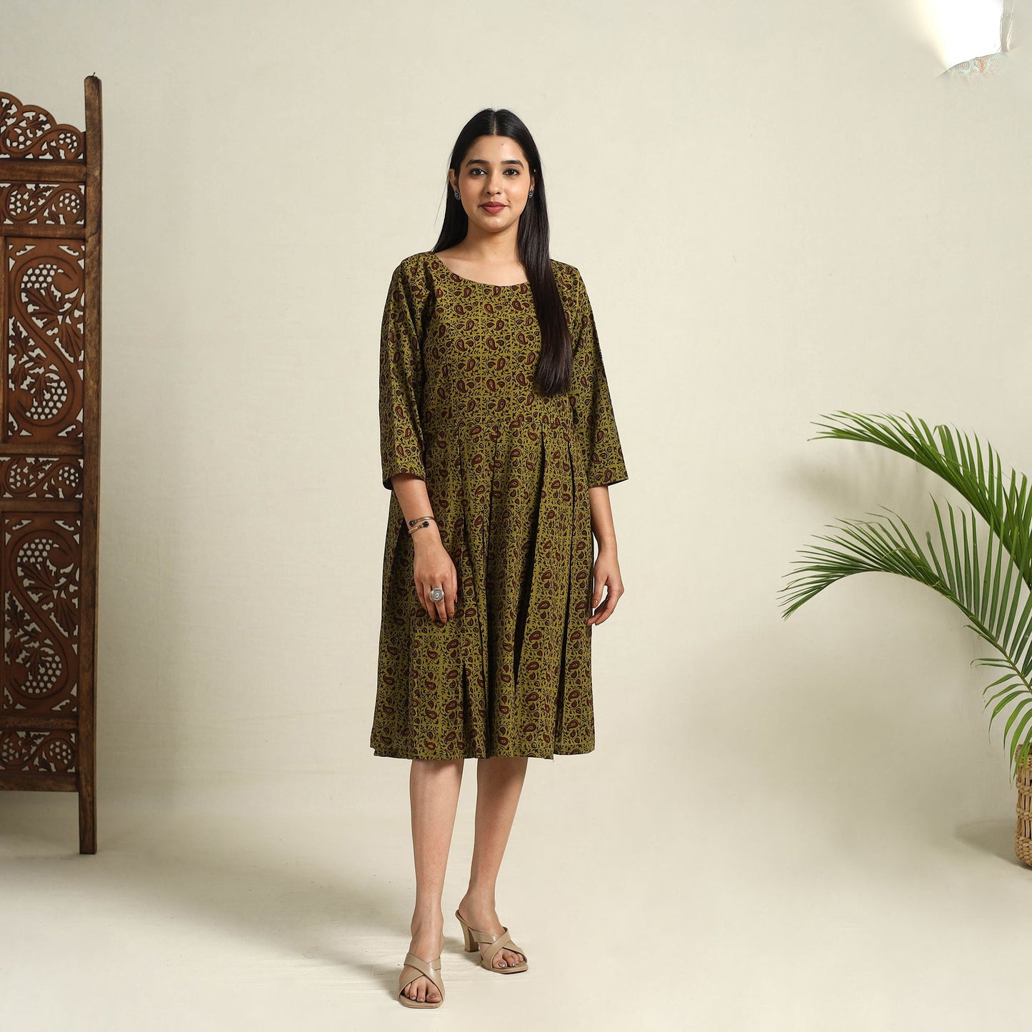 Buy Green Block Print Cotton Short Flared Bagh Dress