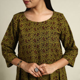 Buy Green Block Print Cotton Short Flared Bagh Dress