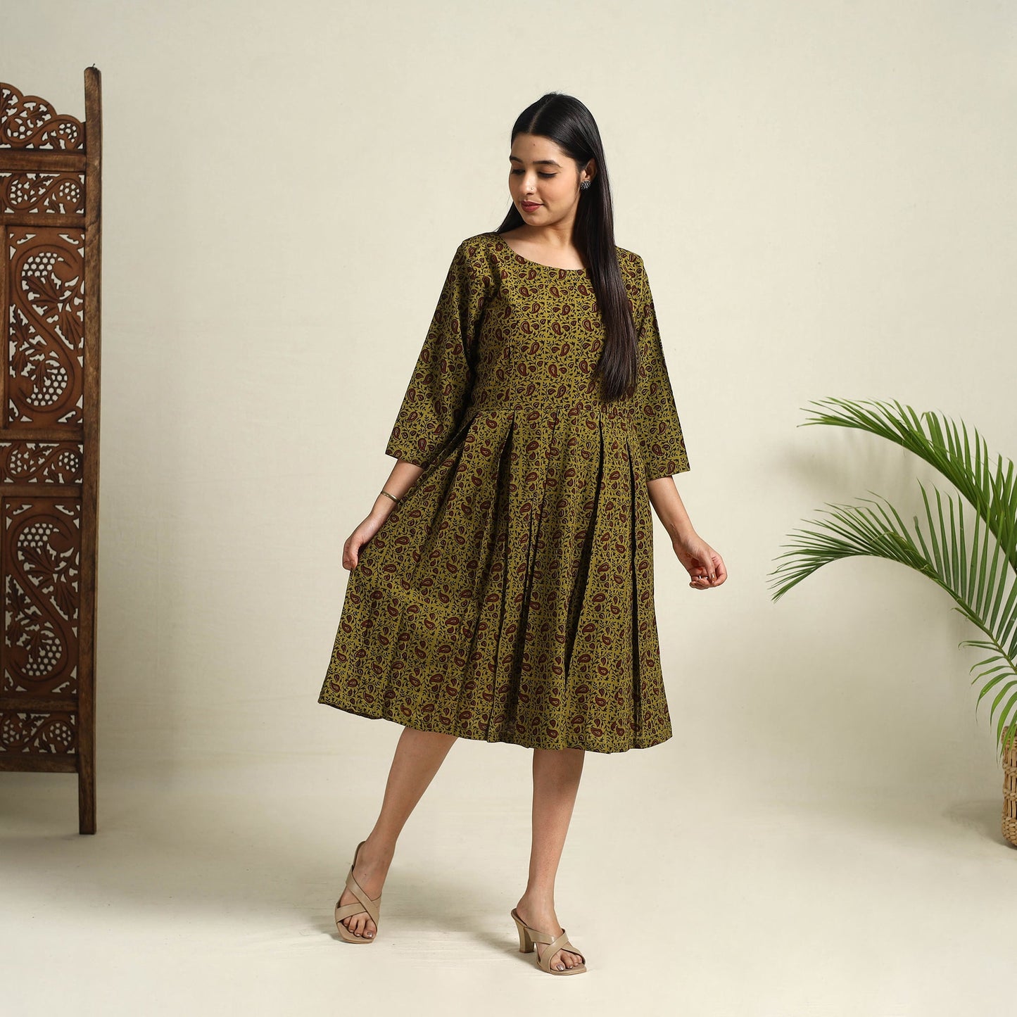 Buy Green Block Print Cotton Short Flared Bagh Dress