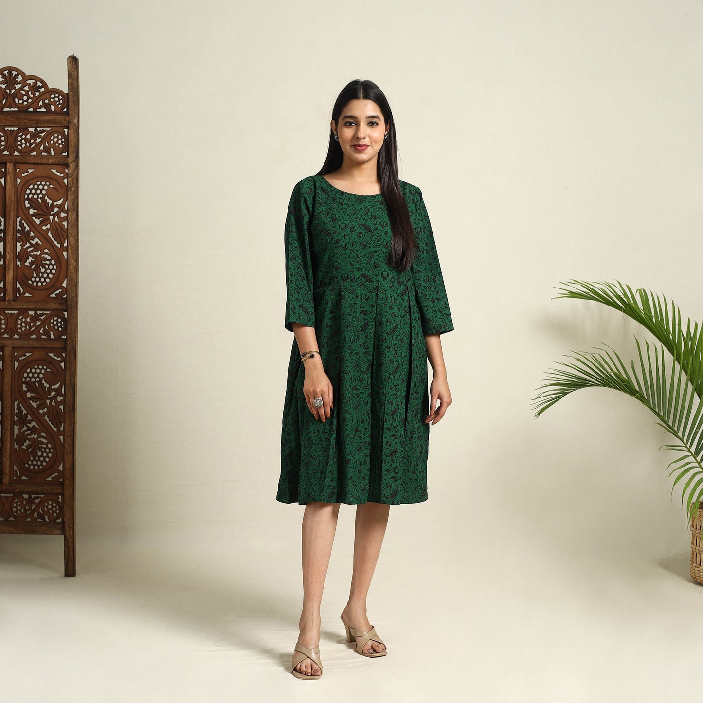 Buy Green Block Print Cotton Short Flared Bagh Dress