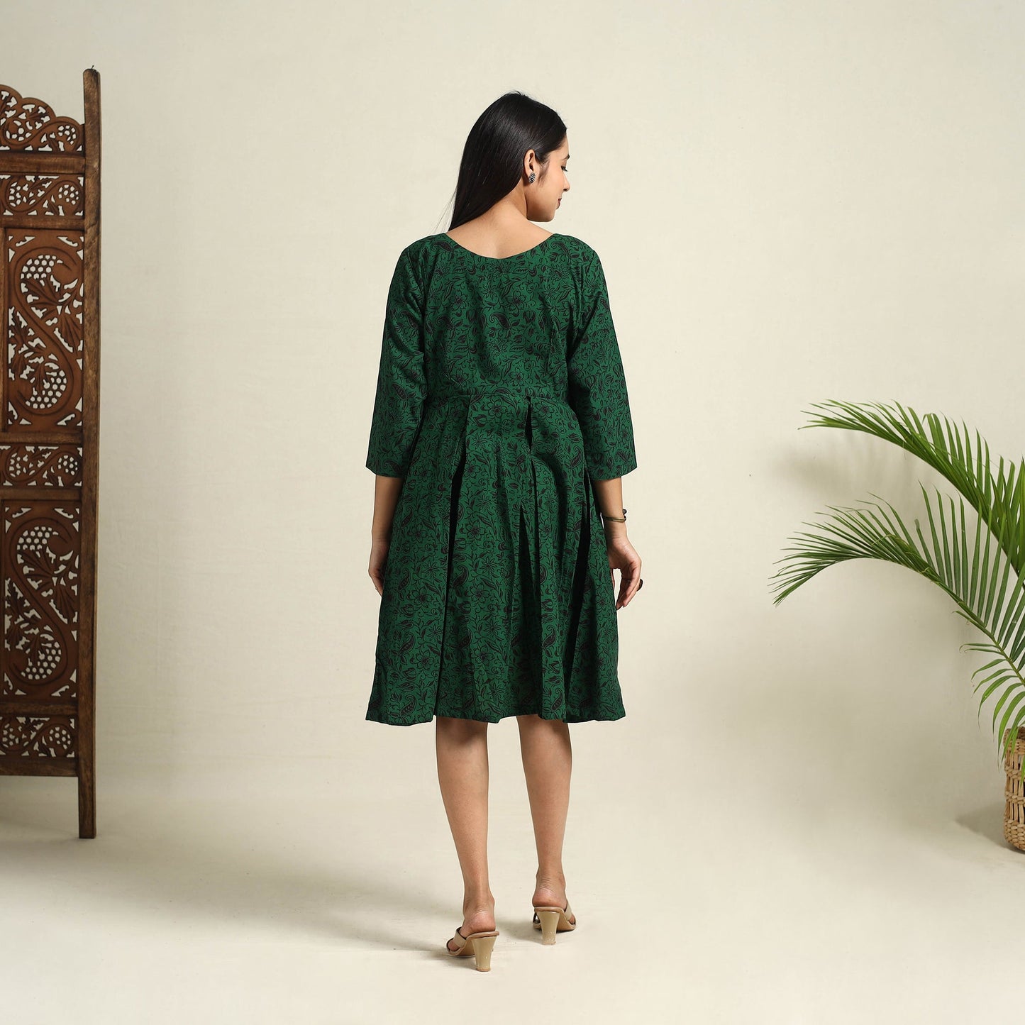 Buy Green Block Print Cotton Short Flared Bagh Dress