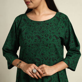 Buy Green Block Print Cotton Short Flared Bagh Dress