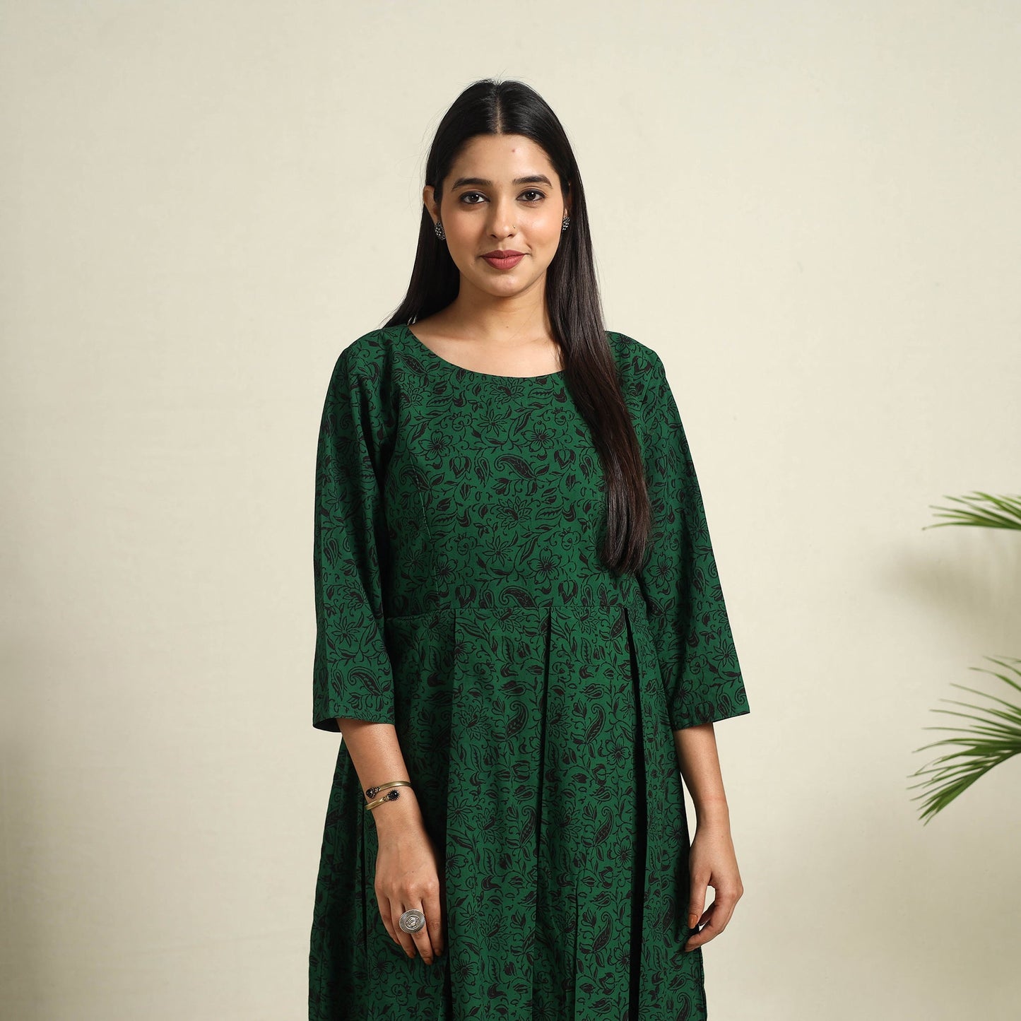 Buy Green Block Print Cotton Short Flared Bagh Dress