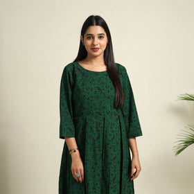 Buy Green Block Print Cotton Short Flared Bagh Dress