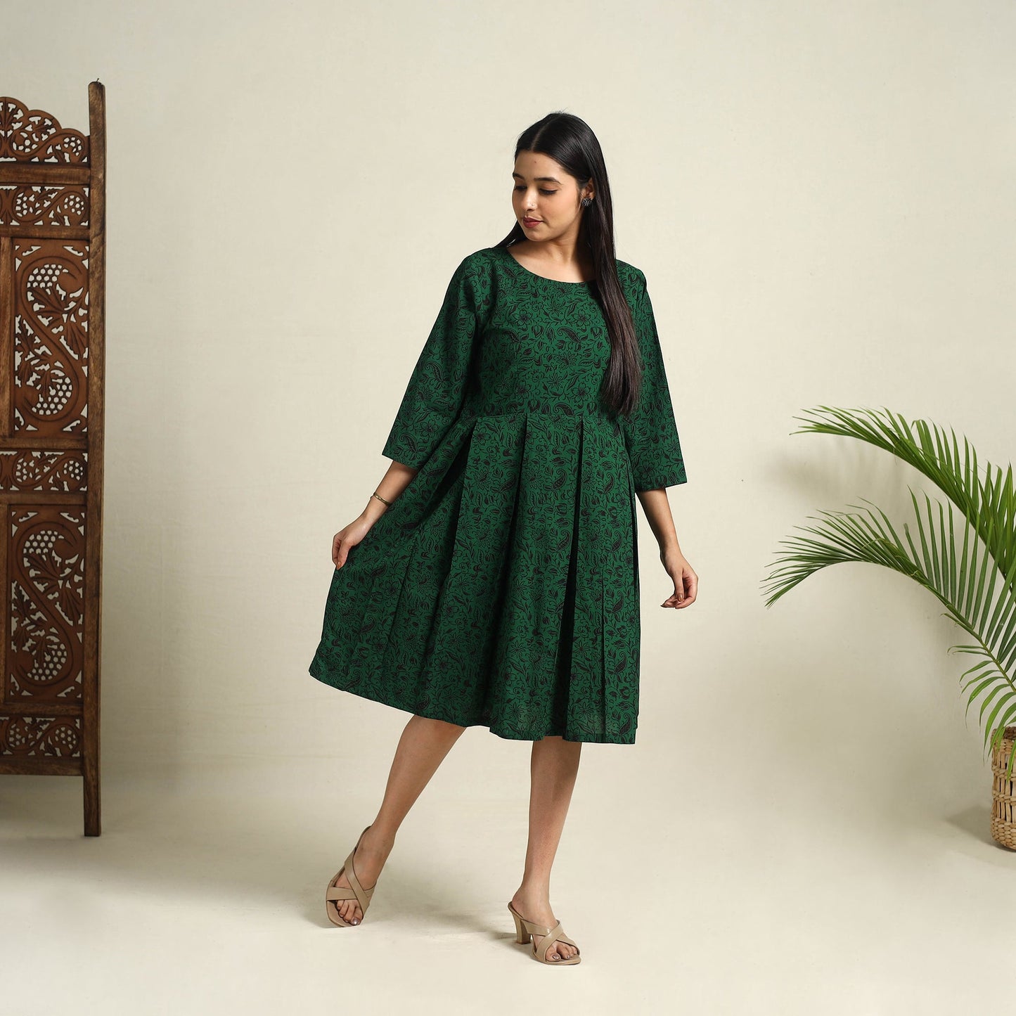 Buy Green Block Print Cotton Short Flared Bagh Dress