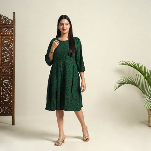 Buy Green Block Print Cotton Short Flared Bagh Dress