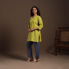Green - cotton short jacquard kurta with hand embroidery 03