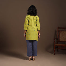 Green - cotton short jacquard kurta with hand embroidery 03